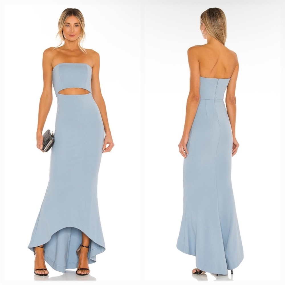 NBD Revolve June Gown in Baby Blue strapless asymmetric dress